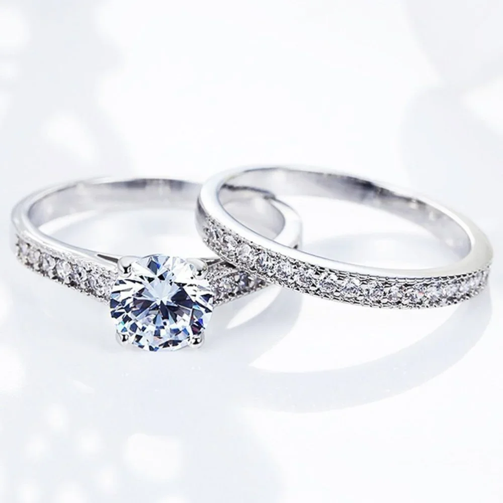 🔥925 Silver Plated 2 PCs CZ Lovely Wedding Couple Ring, GPMB1397